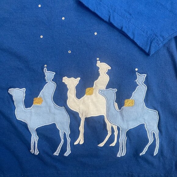 VTG 90s Collections Etc Blue Christmas Baby Jesus Manger Wisemen Cardigan Sz 2XL - Picture 7 of 7